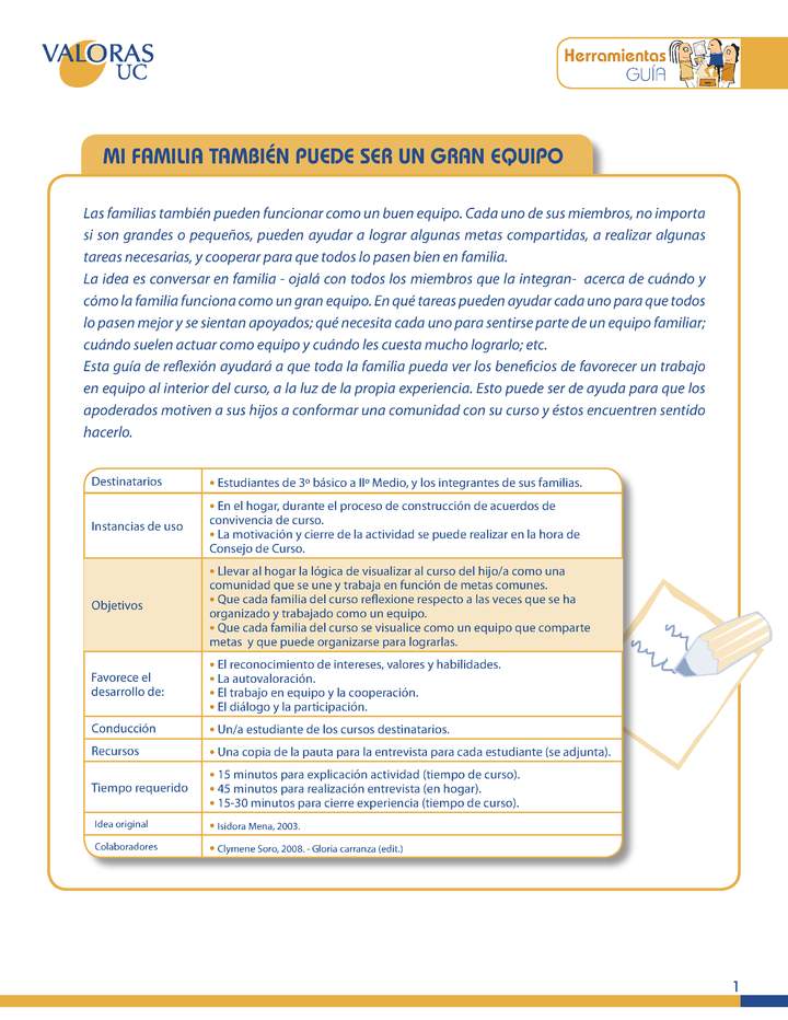 Mi familia puede ser un gran equipo: Orientación. Estudiantes de 3º básico a IIº Medio, y los integrantes de sus familias OA6 Imagen portada