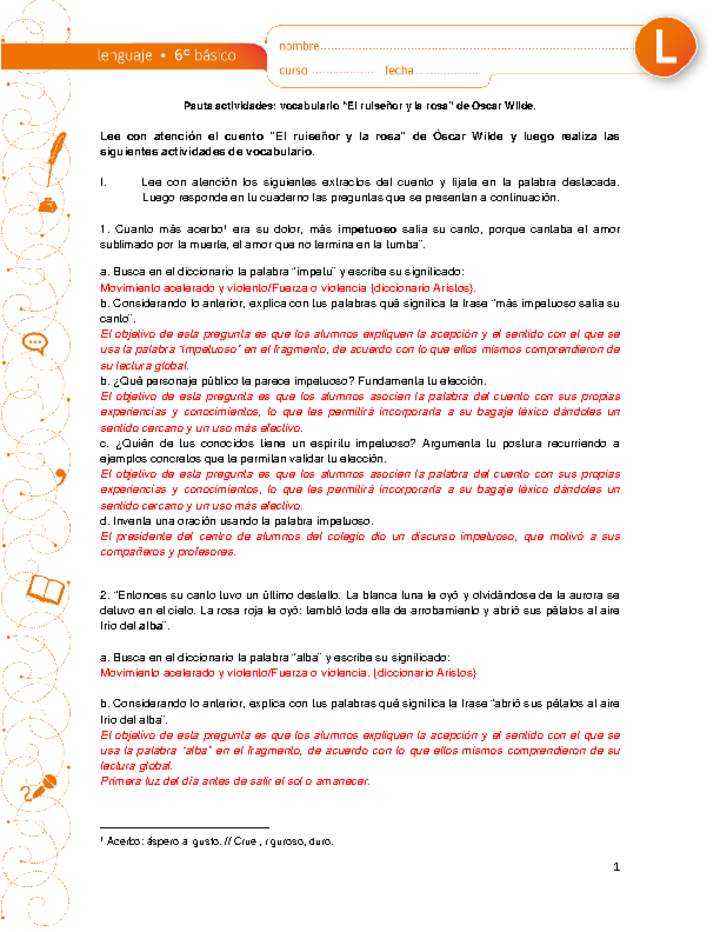 Vocabulario el ruiseñor y la rosa Imagen portada