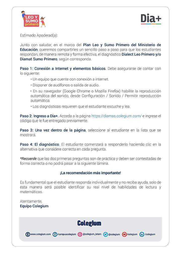 Carta para apoderados para la toma remota de pruebas DIA+ para Leo y Sumo Primero Imagen portada