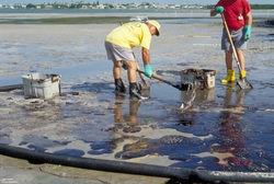 Hombres limpiando derrame de petróleo en la playa Imagen portada
